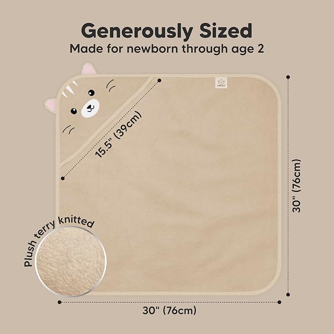 KeaBabies Hooded Baby Towel for Newborn - Viscose Derived from Bamboo Large Baby Bath Towels with Hood for Boys, Girls, Toddler, Extra Absorbent & Soft Newborn Bath Essentials (Cat)