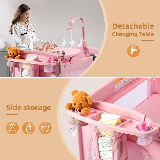 JOYMOR 9 in 1 Bedside Bassinet with Changing Table, Pack and Play with Bassinet, Convert to Rocking Baby Bed with Electric Music Center, Mosquito Net, Toy, Storage,Pink