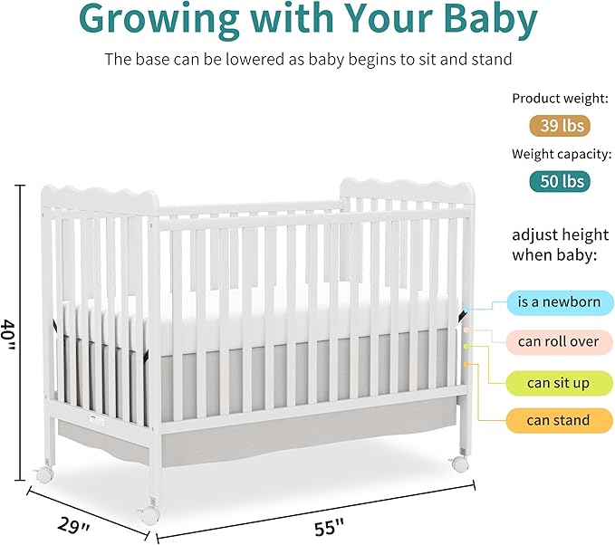 4 in 1 Convertible Baby Crib, Wooden Nursery Cribs Converts into Toddler Bed and Daybed, 3 Adjustable Base, Non-Toxic Finishes, Removable Wheels (White)