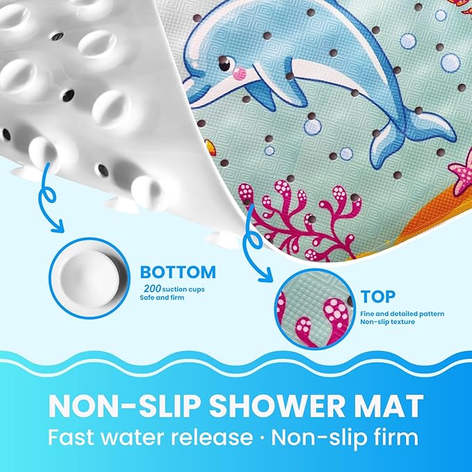 Linoows Baby Bath Tub Mat, 40 x 16 Inch Extra Large Non Slip Kids Cartoon Bathtub Shower Mats with Suction Cups & Drain Holes, Machine Washable for Bathroom, Undersea Whale & Dolphin