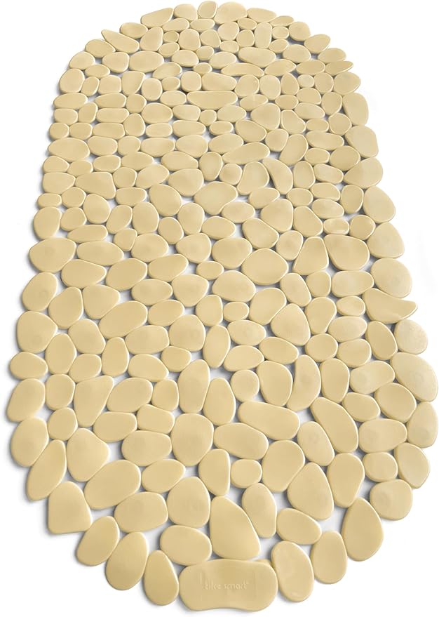 “Pebbles” Non-Slip Bathtub & Shower Mat 27”x14” Oval - Non-Toxic - Safe, Clean, Machine-Washable, Superior Grip & Drainage, Vinyl, for Smooth Floors ONLY, Opaque Light Brown