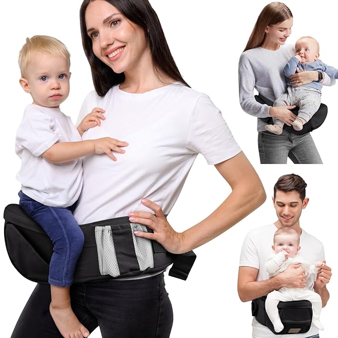 Baby Hip Seat Carrier, Adjustable Waistband with 3D Abdominal Support & Various Pockets Ergonomic Carrier for Newborns to Toddlers up to 33l bs Medium Black