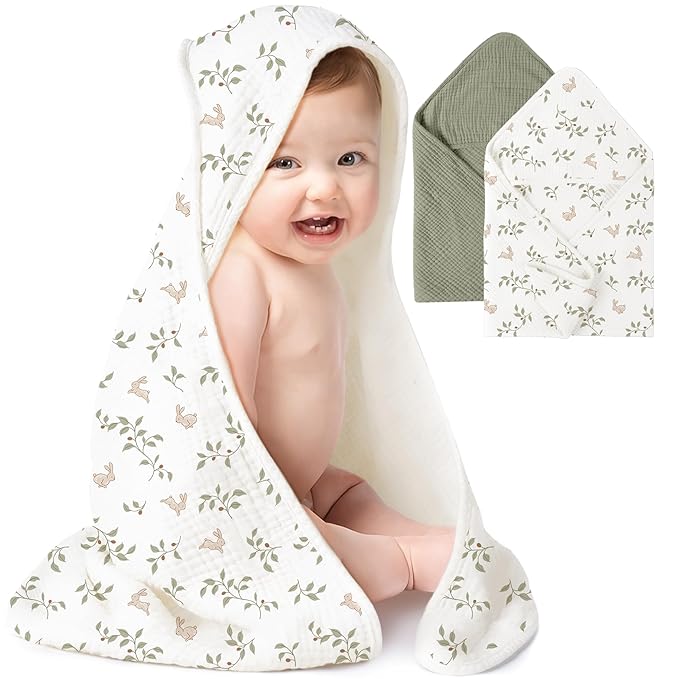 Konssy 2-Pack Muslin Hooded Baby Towels, 100% Cotton, Ultra-Soft & Absorbent Baby Bath Towels with Hood for Newborn & Infant (Fog Green, Sprout, 30'' x 30'')