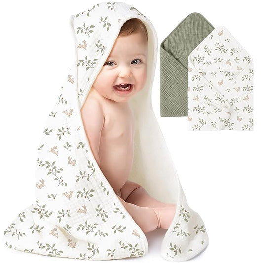 Konssy 2-Pack Muslin Hooded Baby Towels, 100% Cotton, Ultra-Soft & Absorbent Baby Bath Towels with Hood for Newborn & Infant (Fog Green, Sprout, 30'' x 30'')