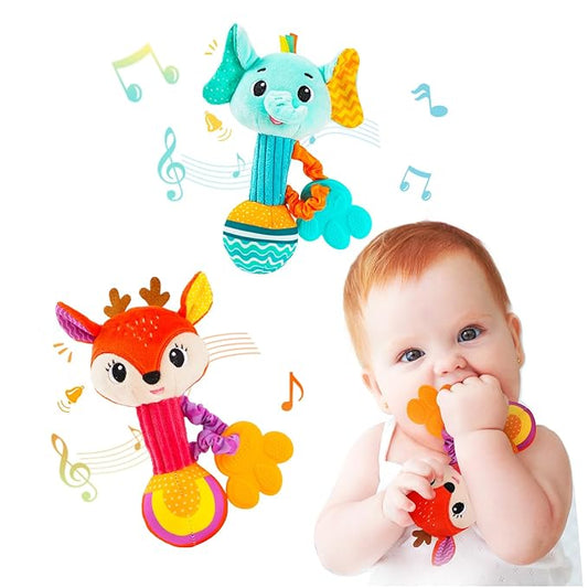 Baby rattles 0-6 months, Set of 2 rattles for babies 0-6 months, Soft Stuffed Animal Rattle Hand Grip Baby Toys, baby rattle Shaker Crinkle Squeaky Sensory Travel Accessories for 0 3 6 9 12 Months old