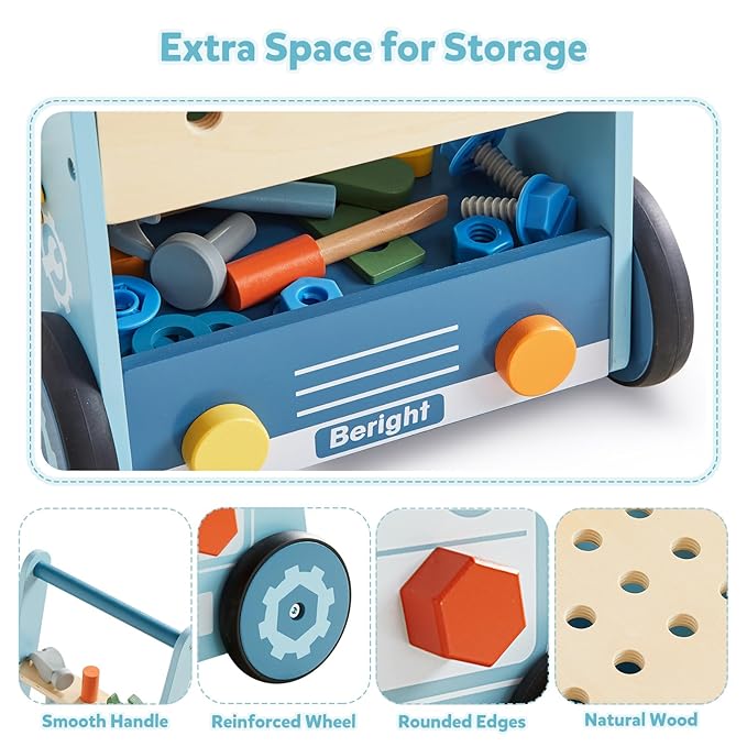 Beright Wooden Baby Push Walker, Wooden Baby Walker and Tool Toy for Toddlers, Kids Tool Bench, Baby Activity Center, Toddler Montessori Educational Toys, Blue