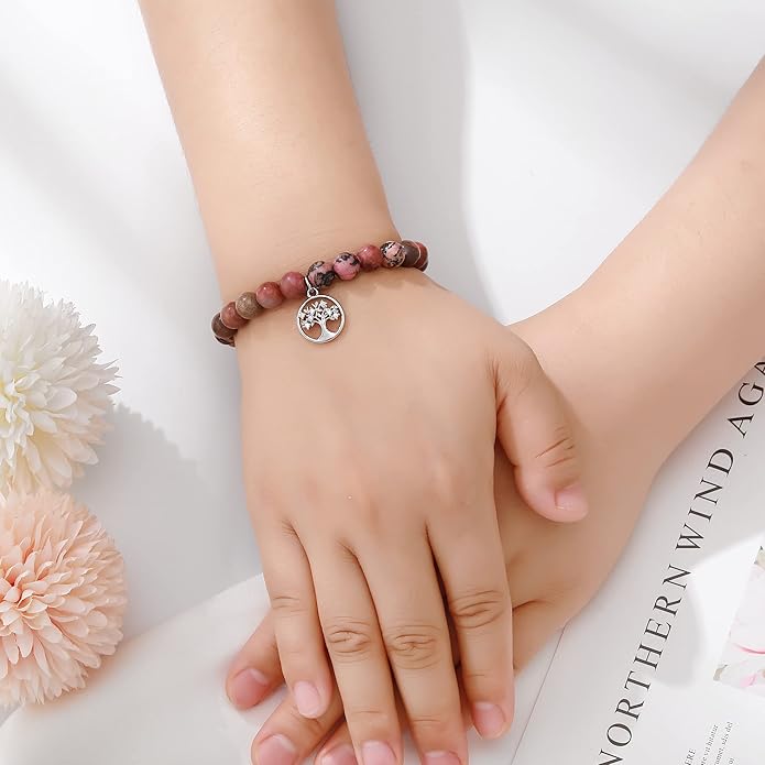 QWNHONEY Mothers Day Gift for Grandma Mom Mother in Law Sister in Law Bonus mom Granny Nana Valentine's Day Birthday Anniversary Pink Red Natural Stone Tree of Life Bracelet