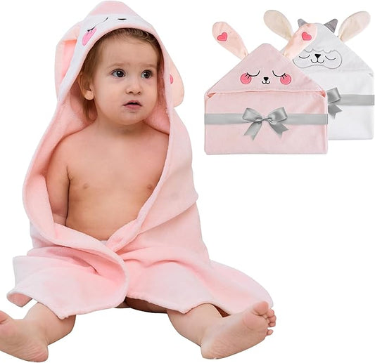 Mooreeke 2 Pack Toddler Towels - 100% Cotton Toddler Hooded Towels - Soft Baby Bath Towel with Hood for Newborn - Comfort Towel for Baby Girls and Boys - Animal Shaped (Lamb & Bunny)