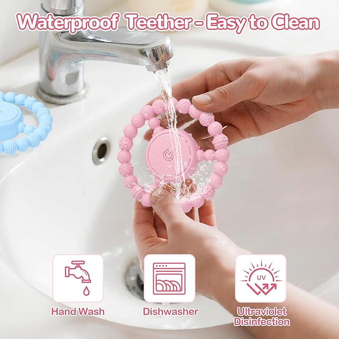 Vibrating Teething Toy with 3D Multi-Texture, Food-Grade Silicone Sensory Chew Toy for Autism Kids and Baby 3-18 Months, Baby Teething Ring for Teething Relief, Light Pink