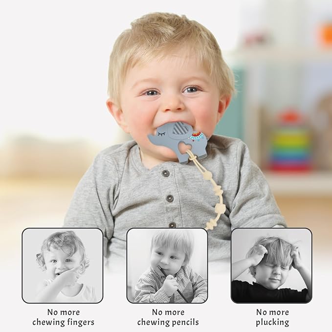 Baby Teething Toys for Babies, Elephant Teether Pain Relief Toy with One Piece Design Pacifier Clip Holder Set, Freezer Safe Neutral Shower Gift for Boys and Girls (Gray)