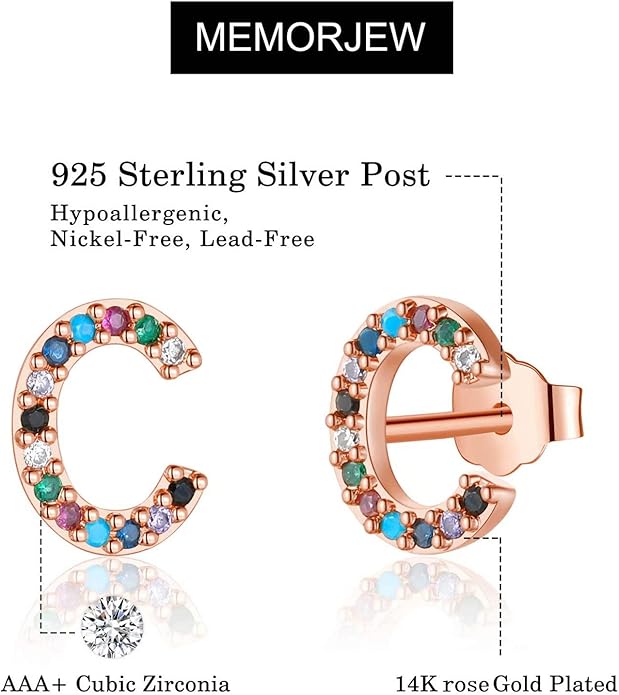 Memorjew Initial Stud Earrings for Women, Hypoallergenic 925 Sterling Silver Post Rainbow Cubic Zirconia Gold Plated 26 Initial Earrings for Women Jewelry Gifts