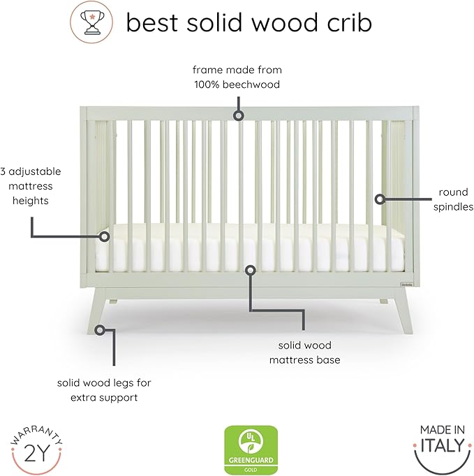 dadada Baby Soho 3 in 1 Convertible Wooden Crib to Toddler Bed - Made in Italy, GREENGUARD Gold Certified, Baby-Safe Finish, Sustainable Beech Wood, Modern Design, 3 Adjustable Heights (Sage)