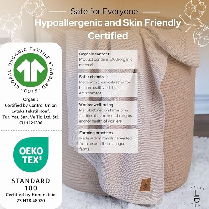 100% Organic Cotton Baby Knitted Blanket with Gift Box - Soft Toddler, Crib, Stroller Blanket - Neutral Swaddle and Receiving Blanket for Newborns, 30"x40", Stone
