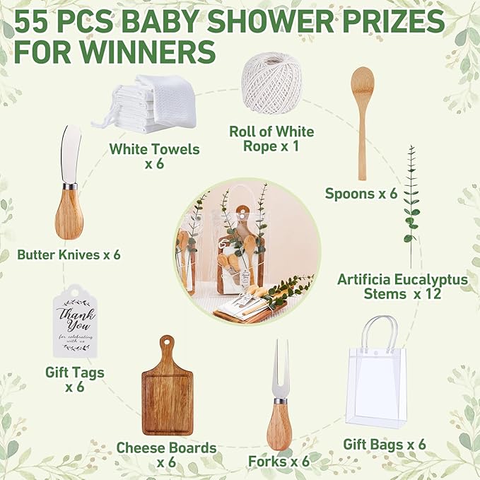 Baby Shower Prizes for Game Winners Bamboo Cheese Board Spoon Fork Butter Spreaders Plaid Towel Thank You Card and Gift Bags for Baby Shower Wedding Bridal Shower Favors (Acacia, 6 Sets)
