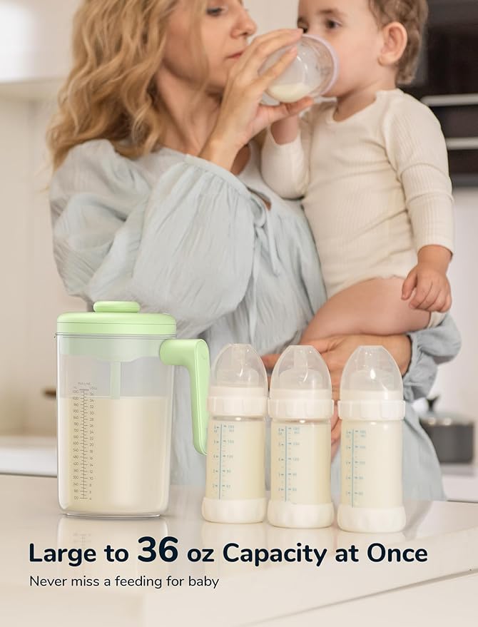 Electric Formula Pitcher, 36 oz Baby Formula Mixing Pitcher, Automatic Baby Formula Mixer, Bidirectional Stirring Breastmilk Pitcher, Locking Lid Smooth Formula Maker Milk Storage for Fridge（Green)