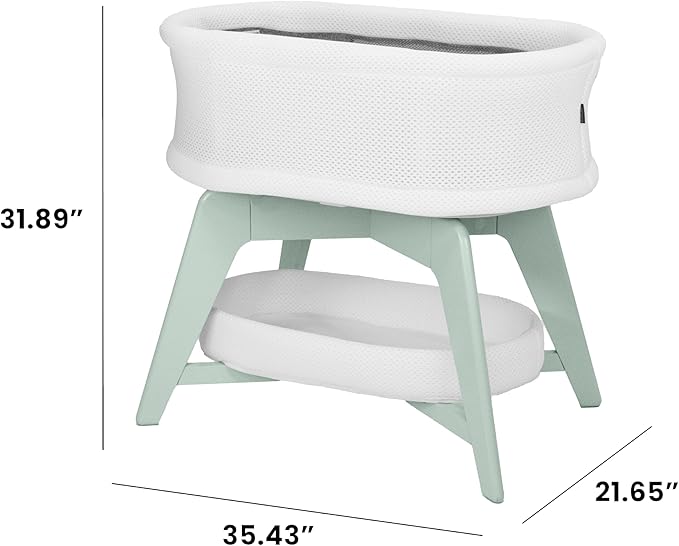 Evi Smart Baby Bassinet Beside Sleeper with Auto-Glide, Ambient Nightlight & Sensory Sounds, Compatible with Alexa and Google Home, Includes 2 Sheets (White w/Mint Green Base)