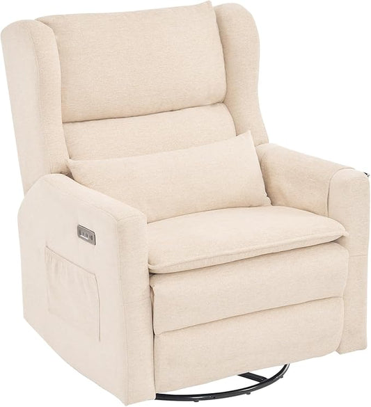 Oversized Swivel Rocker Recliner with Adjustable Headrest, 26" Extra Wide Glider Recliner Nursery Chair with Double Cushion, Chenille Glider Rocking Chair for Living Room,Cup Holder,Beige