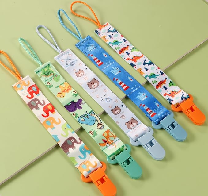 12 Pack Pacifier Clips with Strap 25.5cm - Premium Polyester Baby Pacifier Holder Set, Multi-Design Clips for Boys Girls （Multi Color C）