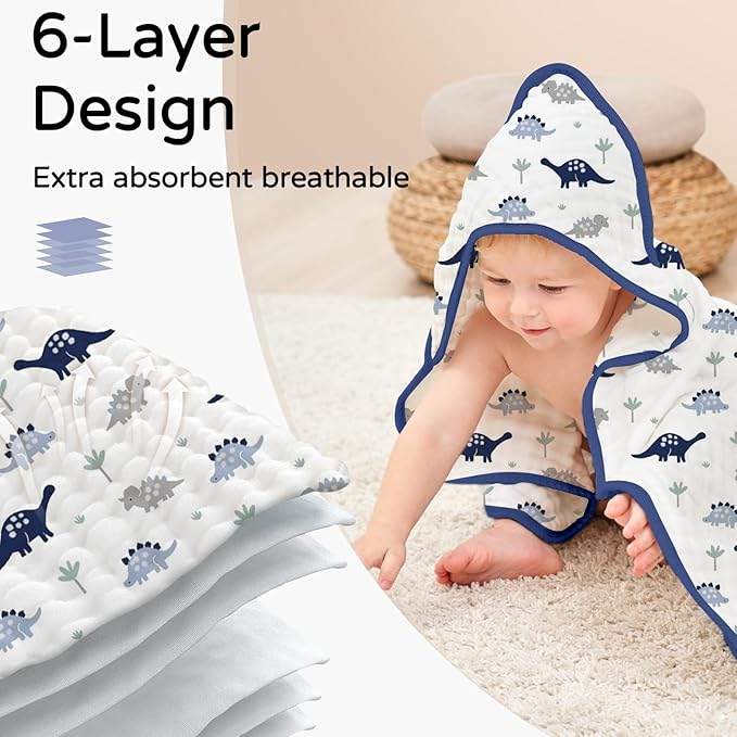 Yoofoss Hooded Baby Towels for Newborn 2 Pack 100% Muslin Organic Cotton Baby Bath Towel with Hood for Babies, Infant, Toddler and Kids, 32x32Inch, Soft and Absorbent Newborn Essential, Navy Dinosaur