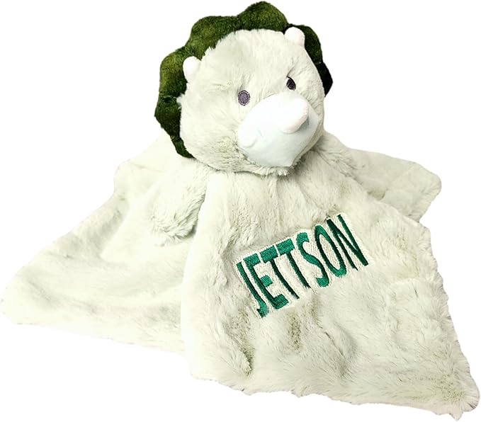 SONA G DESIGNS Custom Personalized Dinosaur Lovey Lovie Security Blanket with Rattle (Green Dino with Embroidered Name)