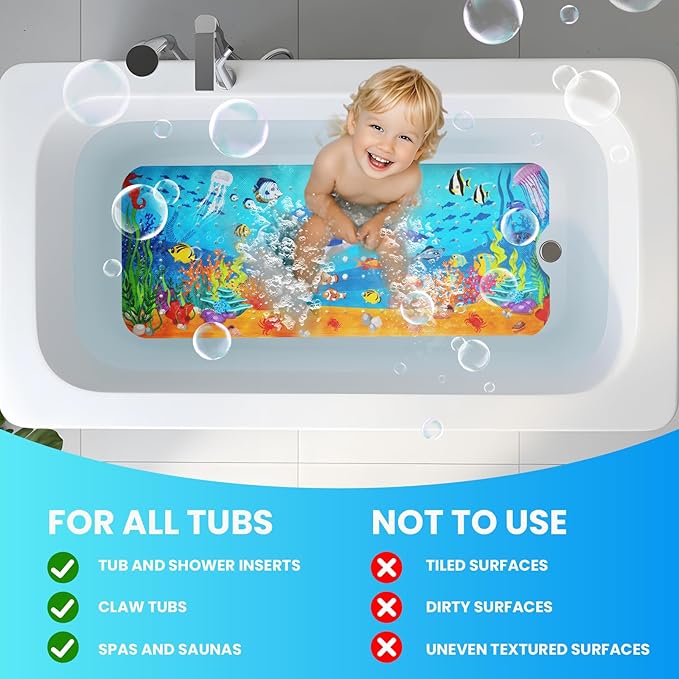 Linoows Baby Bath Tub Mat, 40 x 16 Inch Extra Large Non Slip Kids Cartoon Bathtub Shower Mats with Suction Cups & Drain Holes, Machine Washable for Bathroom, Undersea Dolphin