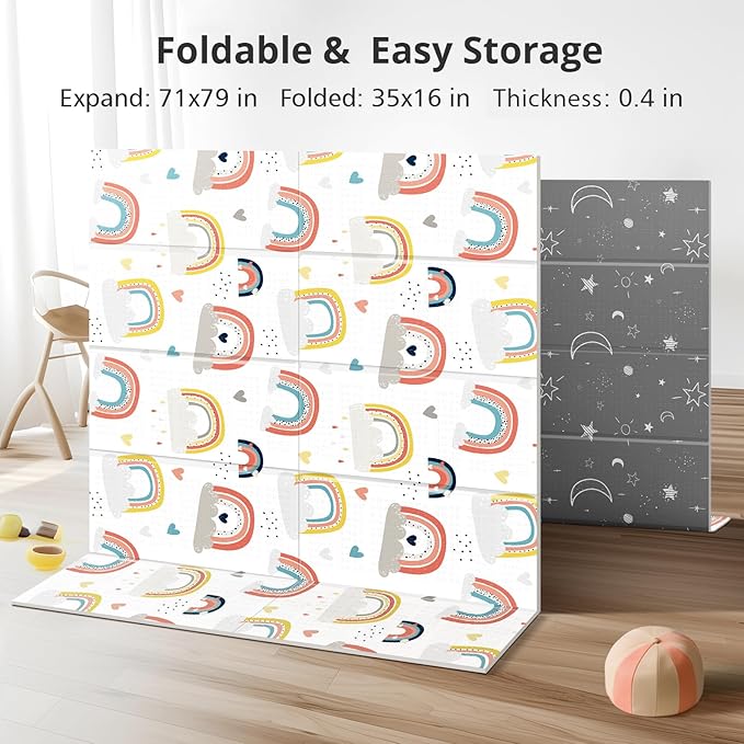 79 x 71 Baby Play Mats for Floor, Foldable Foam Play Mat for Babies 0-12 months,Thick & Waterproof Playmate for Baby, Non Toxic Baby Tummy Time Activity Playmat, Reversible Playpen Mat for Infant