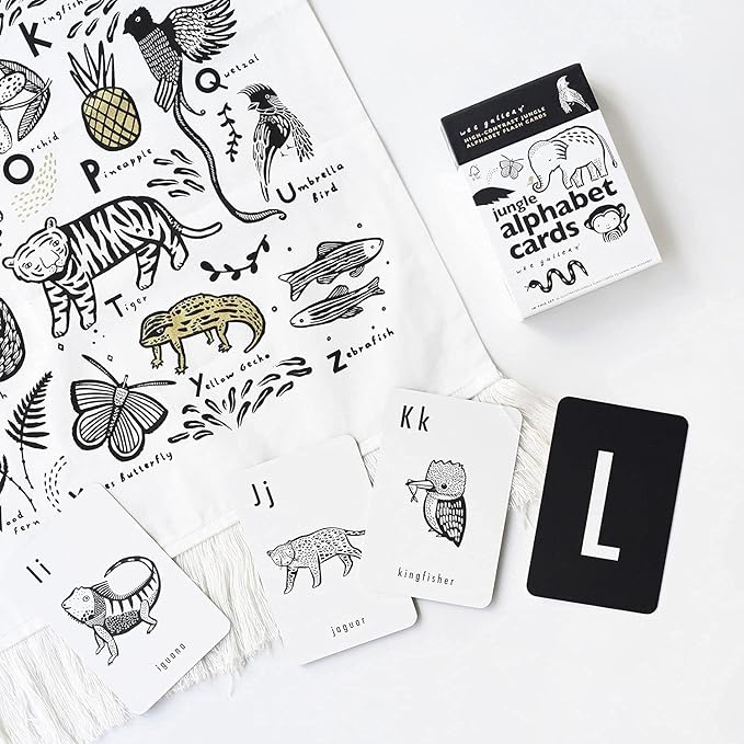 Wee Gallery Educational Flashcards for Babies, Double Sided Black and White Learning Flash cards, Jungle Animal Alphabet Cards for Visual Stimulation and Cognitive Development of Infants and Toddlers