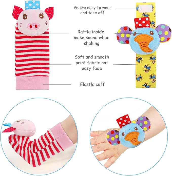 SSK Soft Baby Wrist Rattle Foot Finder Socks Set,Cotton and Plush Stuffed Infant Toys,Birthday Holiday Birth Present for Newborn Boy Girl 0/3/4/6/7/8/9/12/18 Months Kids Toddler,4 Cute Animals