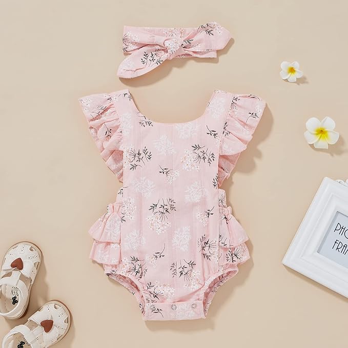 Baby Girls Floral Cotton Leotard Romper Newborn Daisy Playsuits Ruffled Sleeve Onesie Infant Jumpsuit Clothes Headband