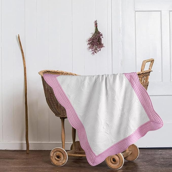 MONOBLANKS Baby Quilt Personlized Monogram Lightweight Embossed Scalloped Throw Blanket Four Seasons (Pink Gingham)