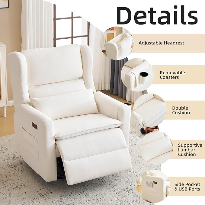 Oversized Swivel Rocker Recliner Chair, 26" Extra Wide Glider Nursery Chair with Adjustable Headrest, Chenille Power Recliner Rocking with Double Cushion, Cup Holder, White