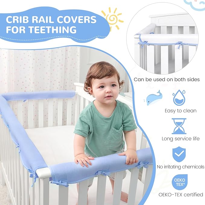 Blue 3pcs New Teething Edge Crib Rail Cover&Corner Guard Coverage Straps,Reversible Guardrail Cover Protector for Boys Girls(1 Long 2 Short)