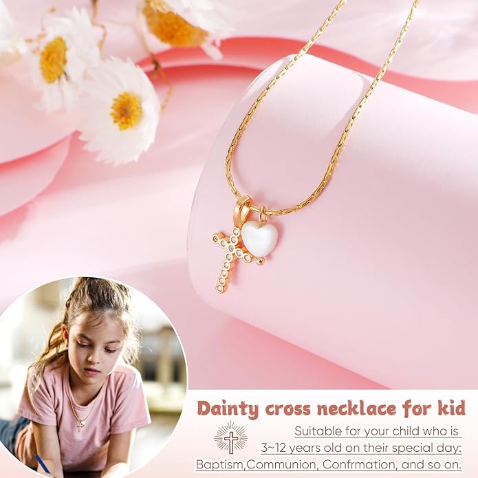 Delicate Cross Necklace for Girls : Gold Plated Pearl Heart Cubic Zirconia Cross Chain Necklace Christening Jewelry Baptism First Communion Confirmation Easter Gifts Teen Kids Little Girl