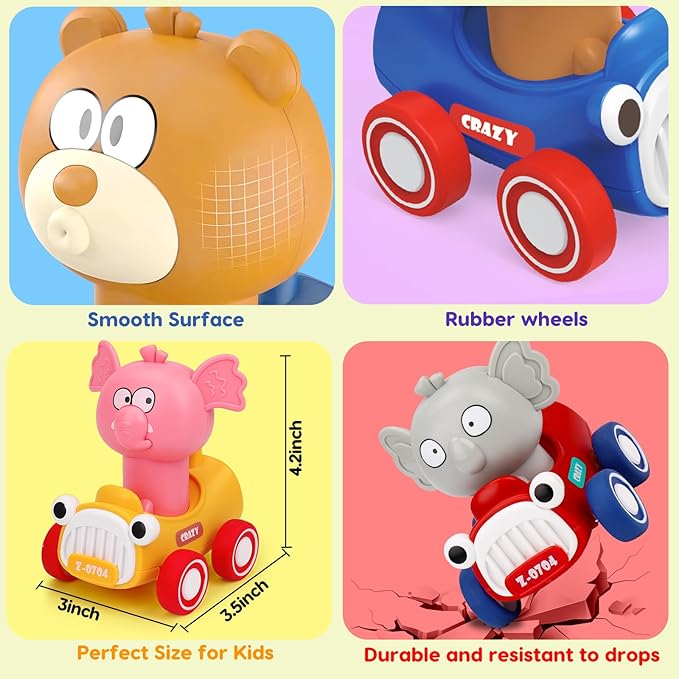 Press and Go Toy Cars for Toddlers 1-3 Push Go Animal Racing Baby Cars Toys Infant 6-12-18 Months Toys for 1 Year Old Boy Girl First Birthday Gifts for One Two 2 Year Old Toddler Toys 1-2 2-3