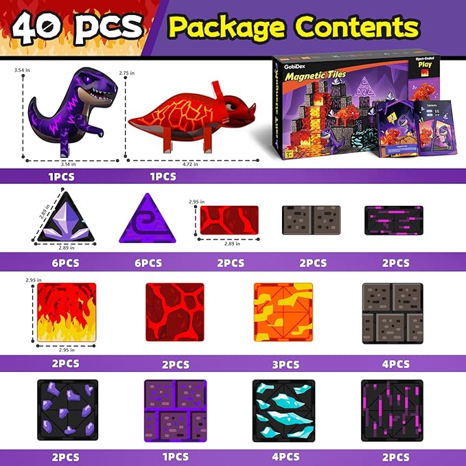 GobiDex Dinosaur Toys Magnetic Tiles Lava Cave Dinosaur World Set - Magnetic Blocks Building Toys for Kids 3-5 4-8, STEM Sensory Toddler Birthday Gifts for Boys Girls Age 3+ Year Old