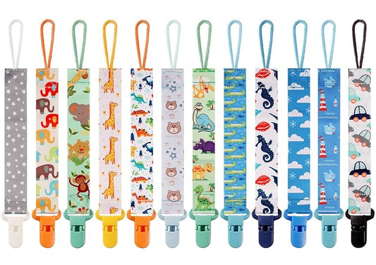 12 Pack Pacifier Clips with Strap 25.5cm - Premium Polyester Baby Pacifier Holder Set, Multi-Design Clips for Boys Girls （Multi Color C）