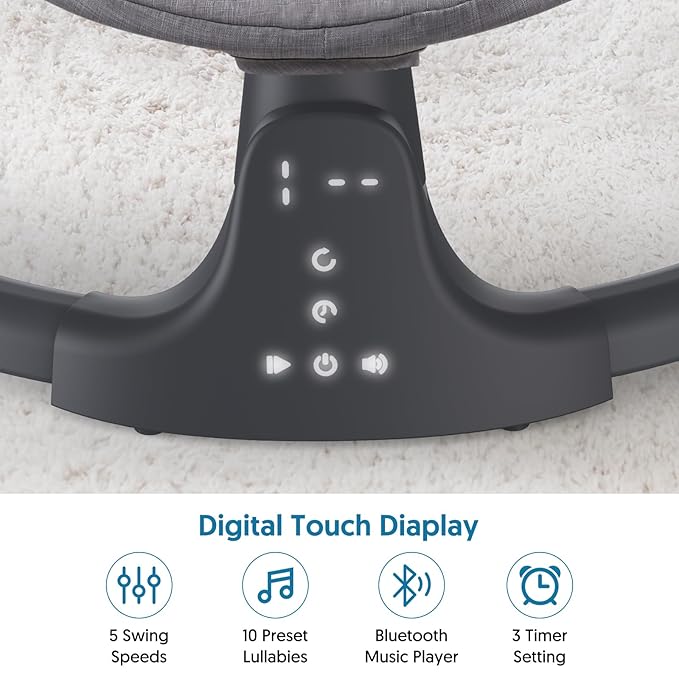 Bluetooth Baby Swing for Infants, Compact & Portable Baby Swing, 3 Seat Positions, 5 Swing Speed, 10 Music, Remote Control, USB Plug-in Power, Reversible Cushion for All Seasons