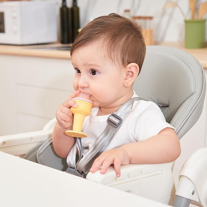 Smily Mia Baby Fruit Food Feeder & Freezer Teether Combo, ICY Bite Ice Cream Teether for Baby Cooling Relief, BPA Free Silicone Feeder for Safe Infant Self Feeding,3 Month+,Choclate Brown