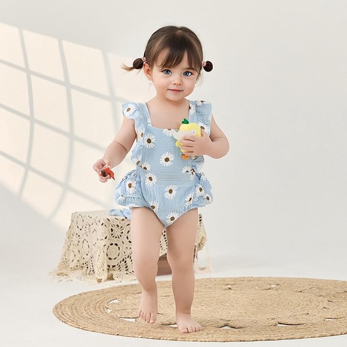Baby Girls Floral Cotton Leotard Romper Newborn Daisy Playsuits Ruffled Sleeve Onesie Infant Jumpsuit Clothes Headband