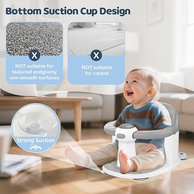 Baby Bath Seat for Babies 6 Months & up, Soft Cushion, Non-Slip Baby Bath Seat, Safe & Comfortable Baby Bath Support, for Bathtub/Living Room/Shower Room (Grey)