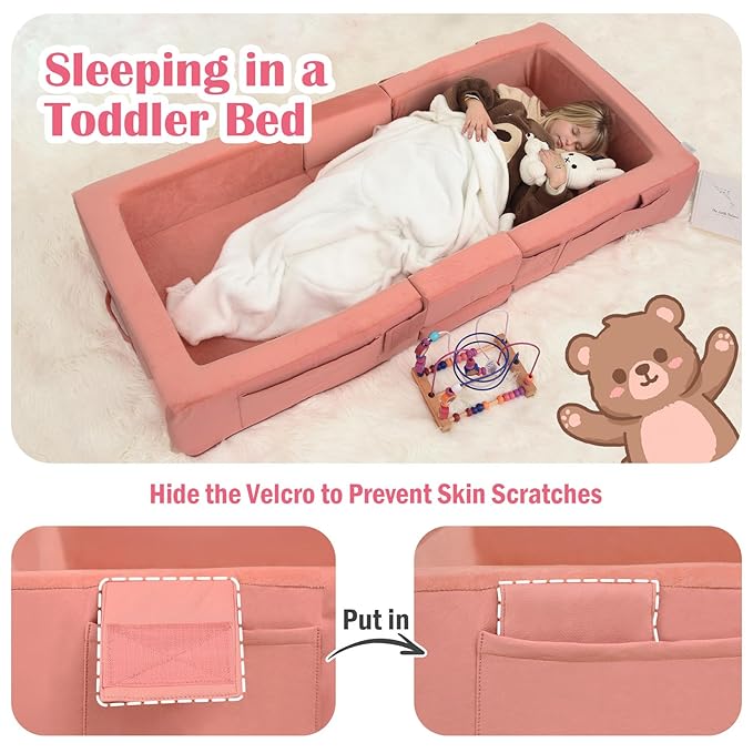 ENITYA Toddler Travel Bed, Folding Floor Cot for Travel, Portable Kids Bed for Sleeping, Washable Toddler Cot for Children 18M – 4yr Old, Pink