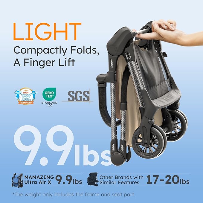 Lightweight Baby Strollers for Airplane, Ultra-Compact Travel Stroller, Light & Strong Portable Toddler Stroller with Carbon Fiber Frame and UPF 50+ Waterproof Canopy, Only 9.9 lbs, Brown