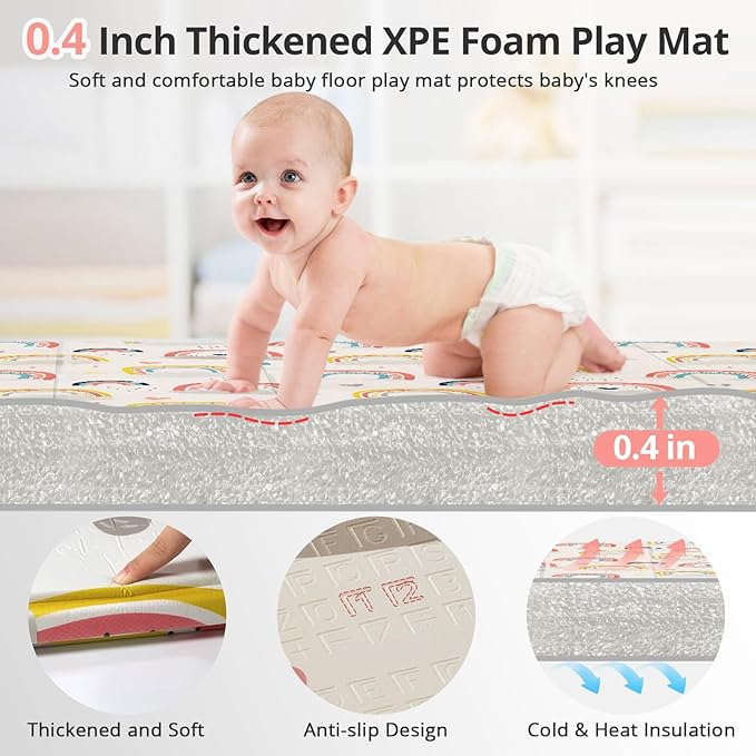 79 x 71 Baby Play Mats for Floor, Foldable Foam Play Mat for Babies 0-12 months,Thick & Waterproof Playmate for Baby, Non Toxic Baby Tummy Time Activity Playmat, Reversible Playpen Mat for Infant