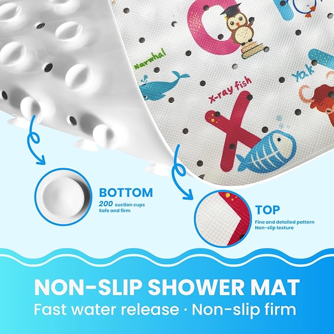 Linoows Baby Bath Tub Mat, Extra Large Non Slip Kids Cartoon Bathtub Shower Mats with Suction Cups & Drain Holes, Machine Washable for Bathroom, 40 x 16 Inch, Alphabet Animals Pattern