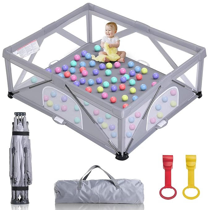 Foldable Baby Playpen, Extra Large Play Pen for Babies and Toddlers, Baby Fence Play Yard, Safety Kids Portable Playpin Indoor&Outdoor (59"X71",Grey)