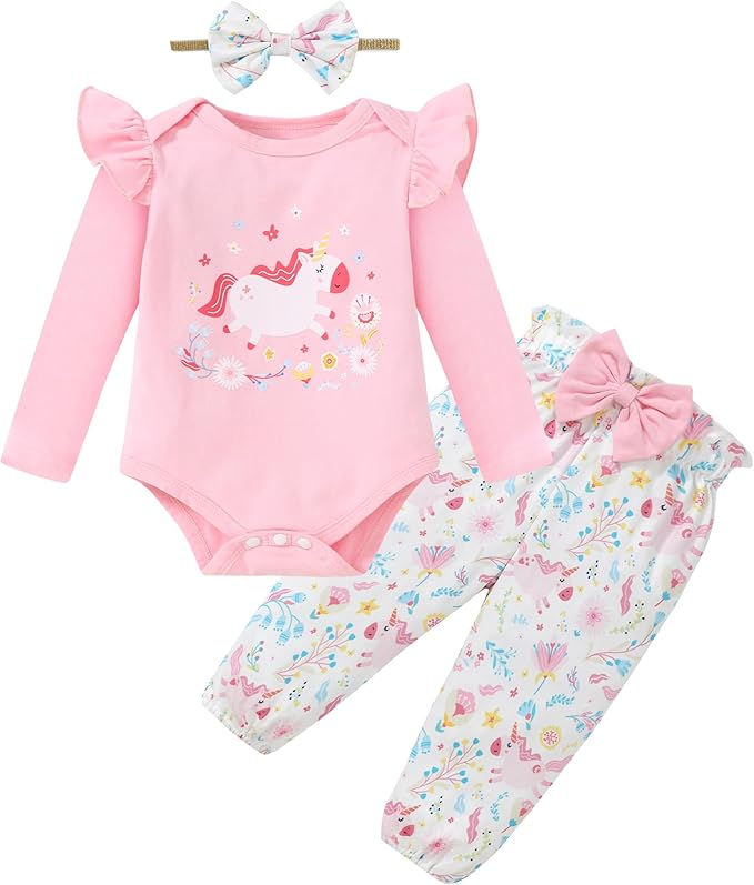 DISAUR Baby Girls Clothes Newborn Infant Baby Girls Outfit Long Sleeve Ruffle Romper Floral Pants Headband Sets 0-18 Months