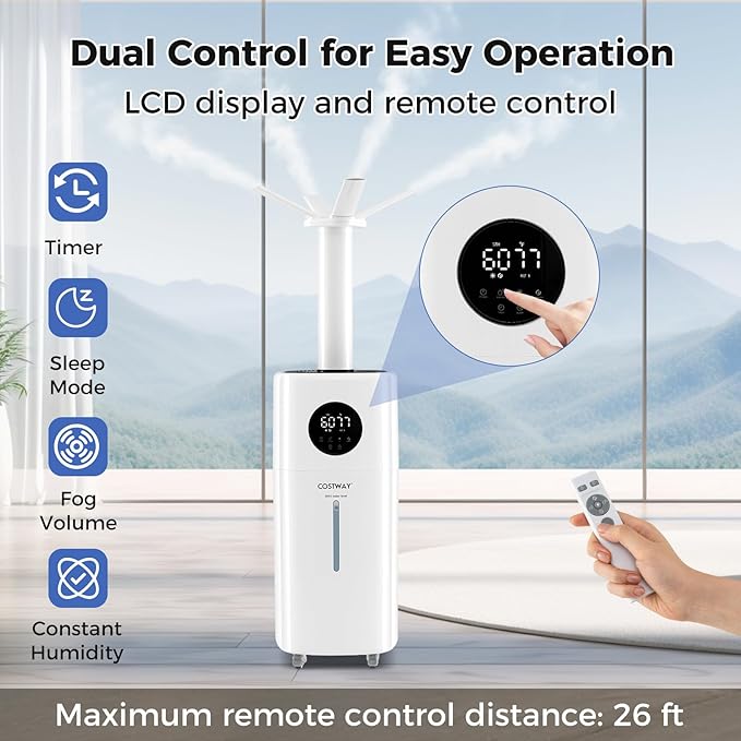 COSTWAY 21L/5Gal Humidifier for Large Room, Top Fill Whole House Humidifier, 3 Mist Levels, Extension Tube, 360° Nozzles & Remote Control for Bedroom, Plants
