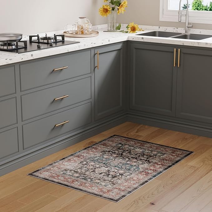 Dripex Vintage Washable Rug 2x3 Indoor Door Mat Non-Slip Bathroom Mat Distressed Low-Pile Small Rug for Front Entrance Kitchen Living Room Bedroom