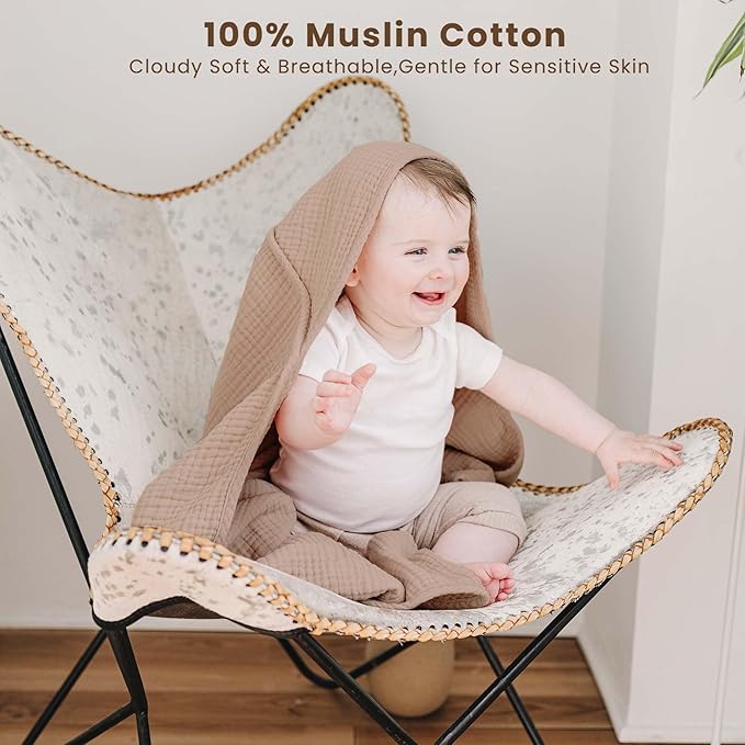 Konssy 2-Pack Muslin Hooded Baby Towels, 100% Cotton, Ultra-Soft & Absorbent Baby Bath Towels with Hood for Newborn & Infant (Cream, Camel,30" x 30")