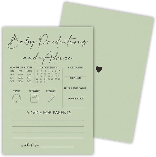 5"x7" Minimalist Green Baby Shower Game Cards, 30 Pcs Baby Predictions And Advice Games Cards, Baby Shower Games For New Parents, Gender Reveal Party Supplies - A02